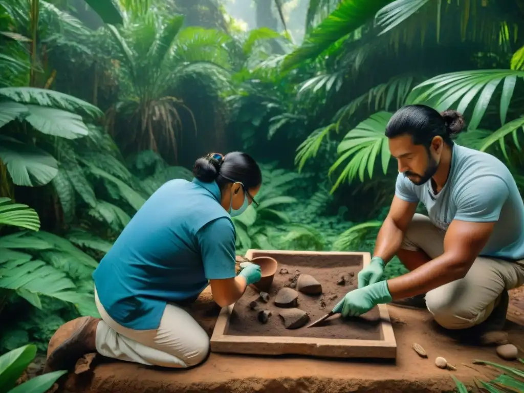 Equipo de arqueólogos excavando artefactos mayas en Topoxté, revelando una transición cultural maya en Topoxté