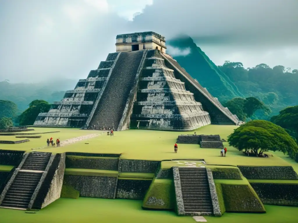 Equipo de arqueólogos excavando artefactos mayas en Xunantunich, entre la niebla matutina