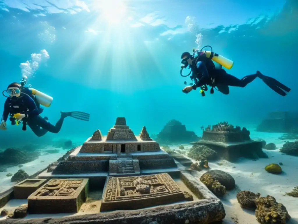 Equipo de arqueólogos en scuba excavando artefactos mayas, rodeados de vida marina