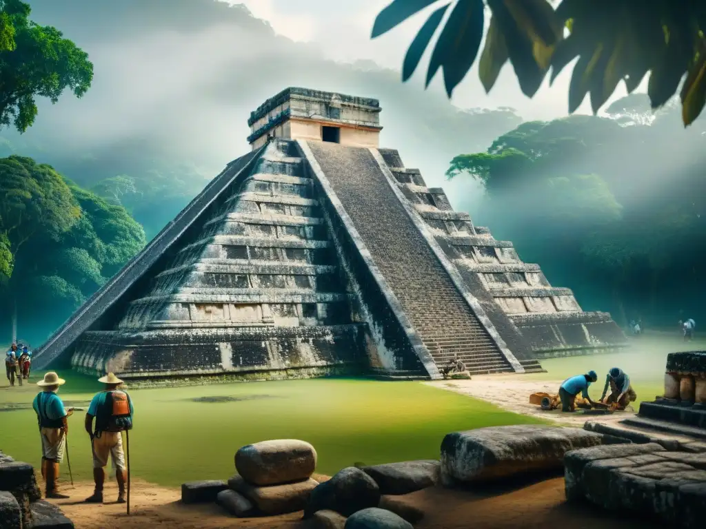 Equipo de arqueólogos excavando artefactos mayas en El Templo de Kukulkán, Chichén Itzá