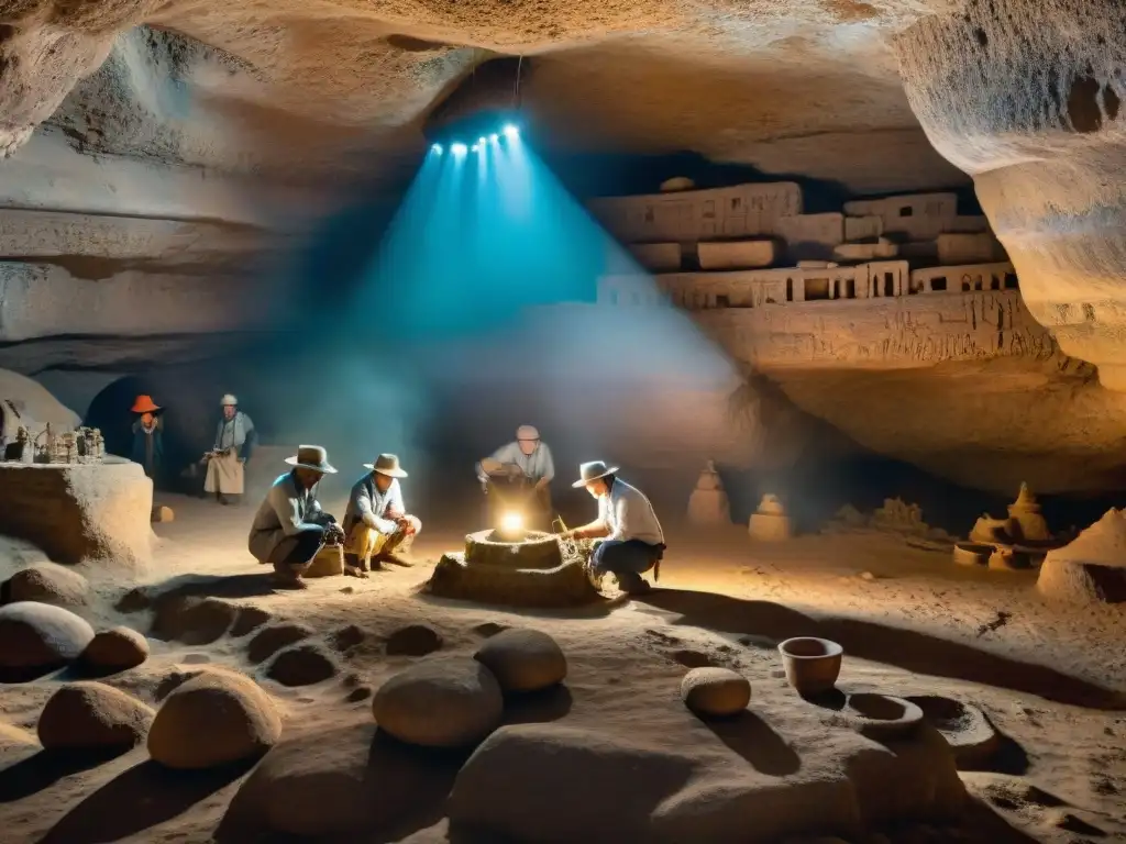 Equipo de arqueólogos explorando artefactos mayas en Actun Tunichil Muknal