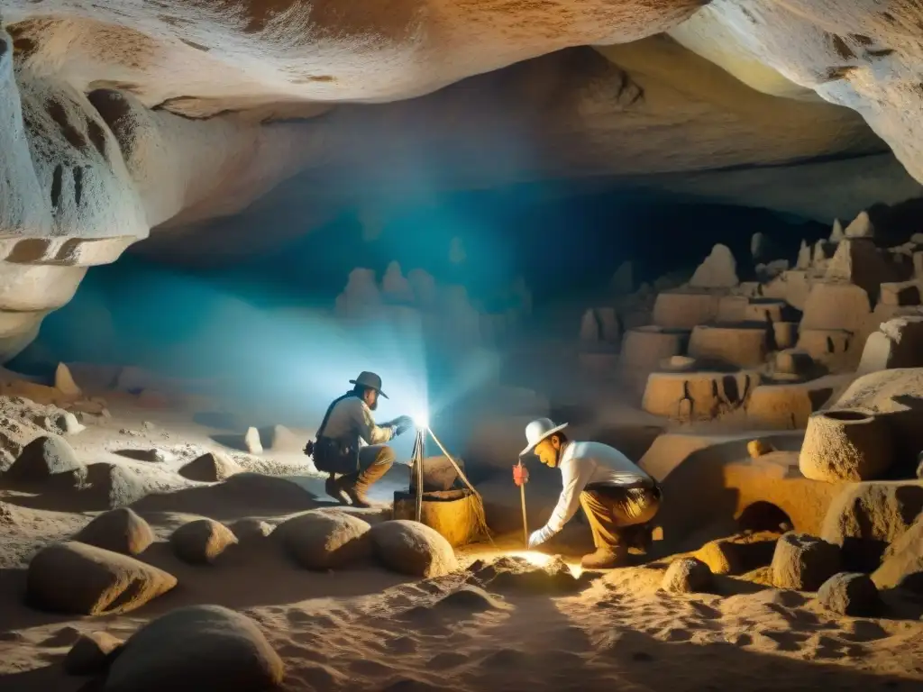 Equipo de arqueólogos explorando artefactos mayas en Actun Tunichil Muknal