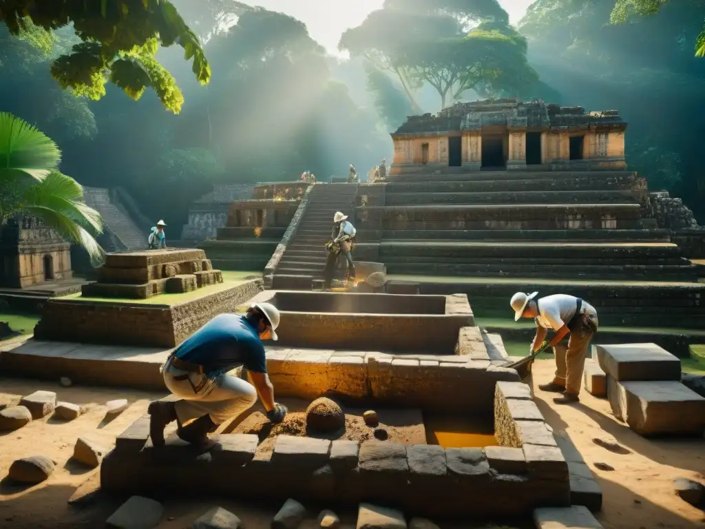 Equipo de arqueólogos excavando artefactos mayas en Copán, Honduras