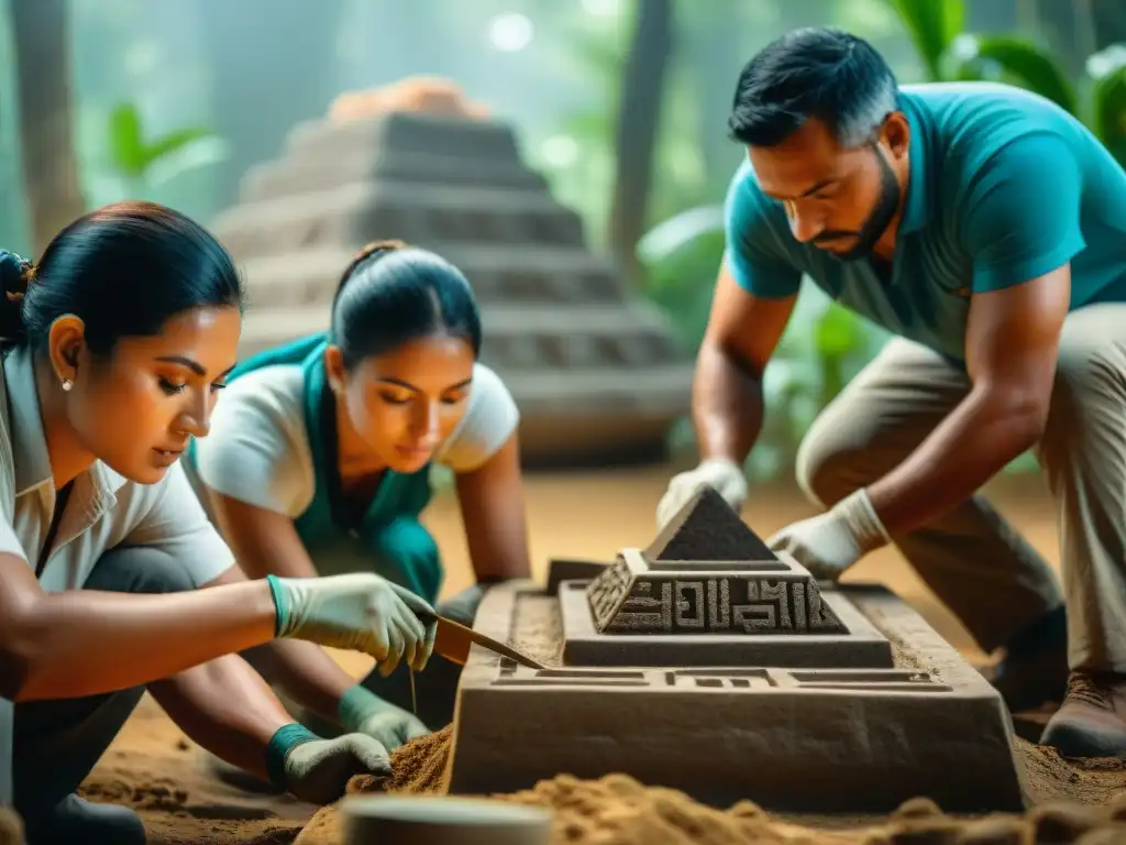 Equipo de arqueólogos descubriendo artefactos mayas en Dos Pilas, mostrando la historia del reino maya