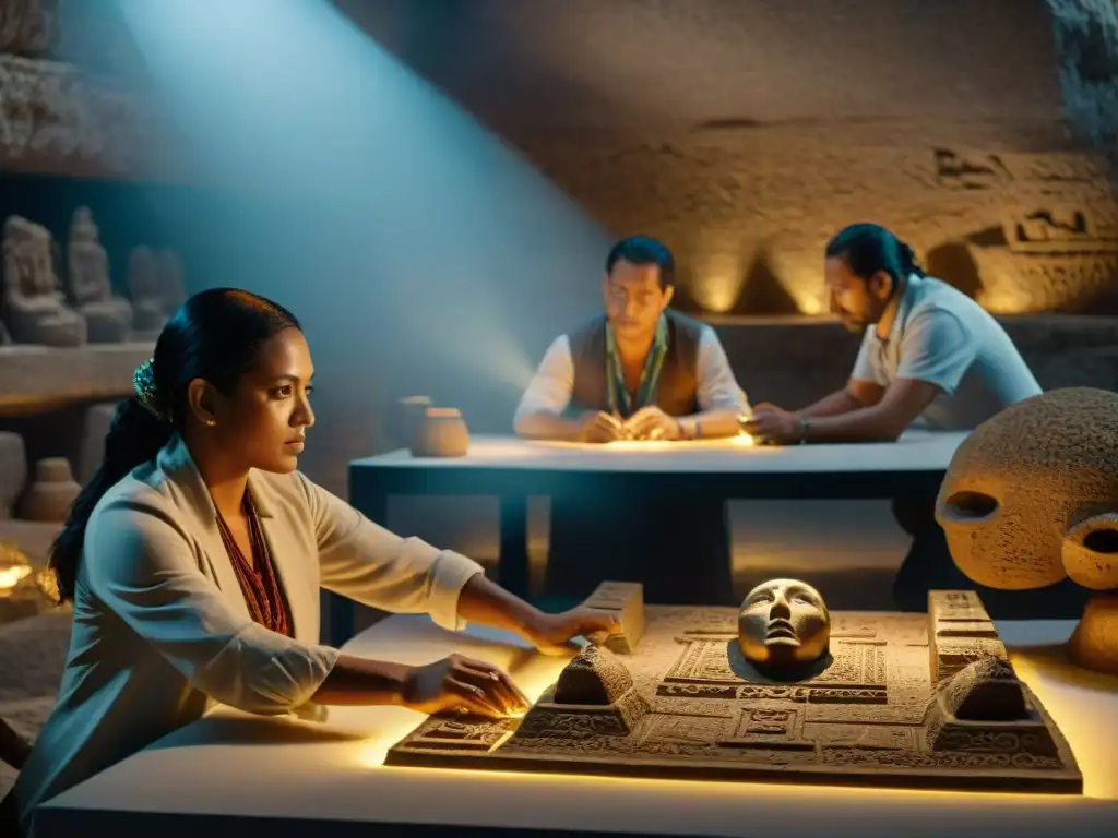 Equipo de arqueólogos reconstruyendo 3D artefactos mayas perdidos en laboratorio iluminado