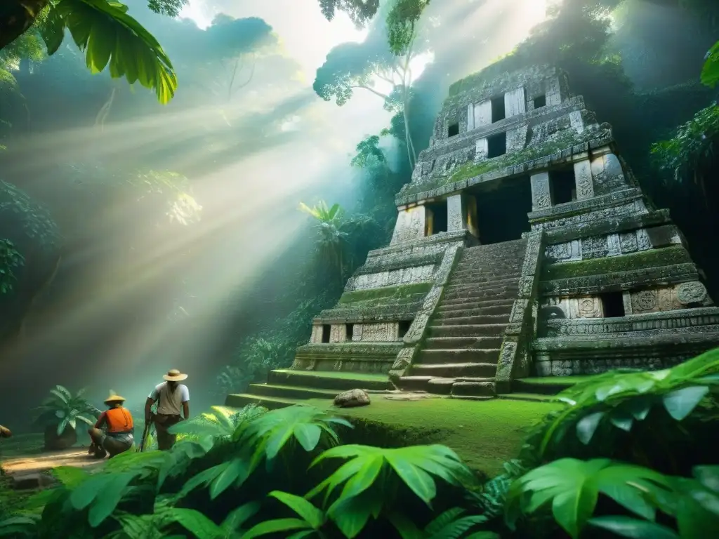 Un equipo de arqueólogos excava artefactos mayas en la selva de Palenque, resaltando una máscara de jade