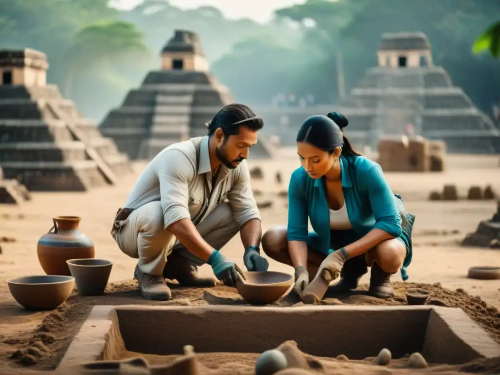 Equipo de arqueólogos excavando artefactos mayas en campo de batalla