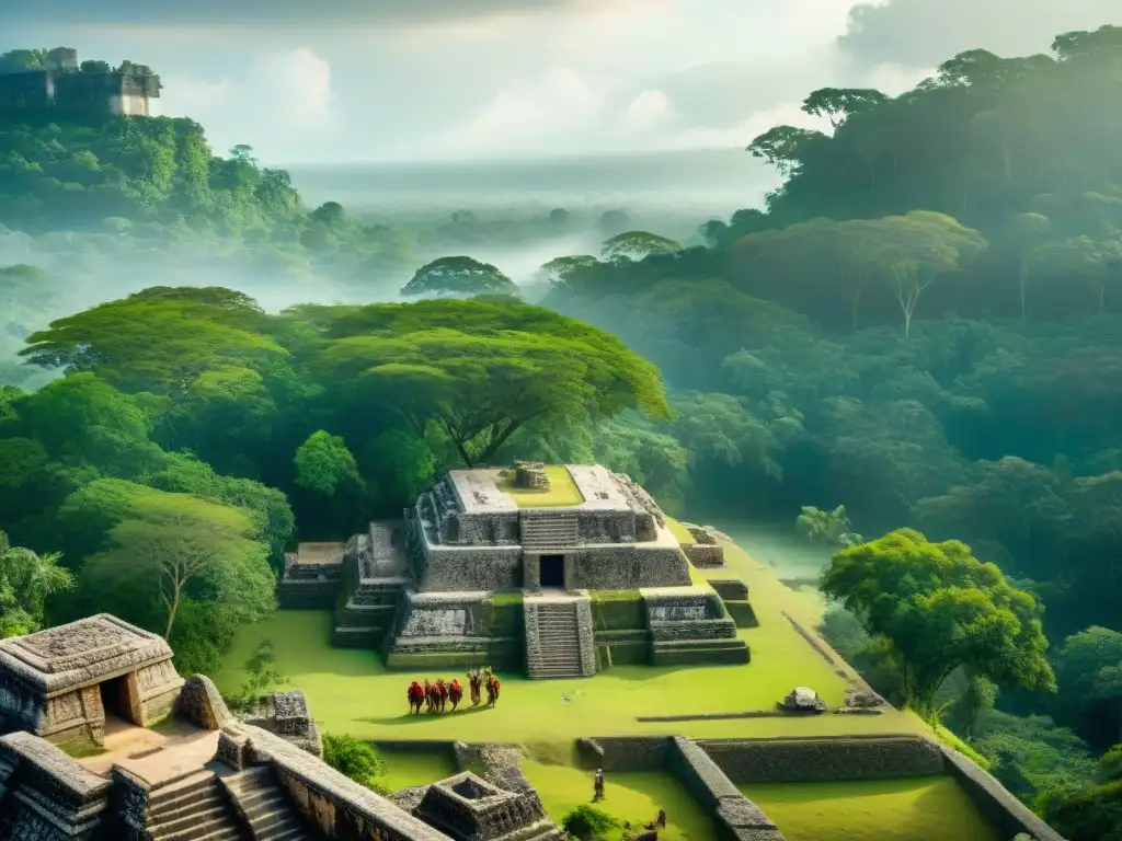 Equipo de arqueólogos excavando artefactos mayas en campo de batalla, entre selva exuberante y ruinas antiguas