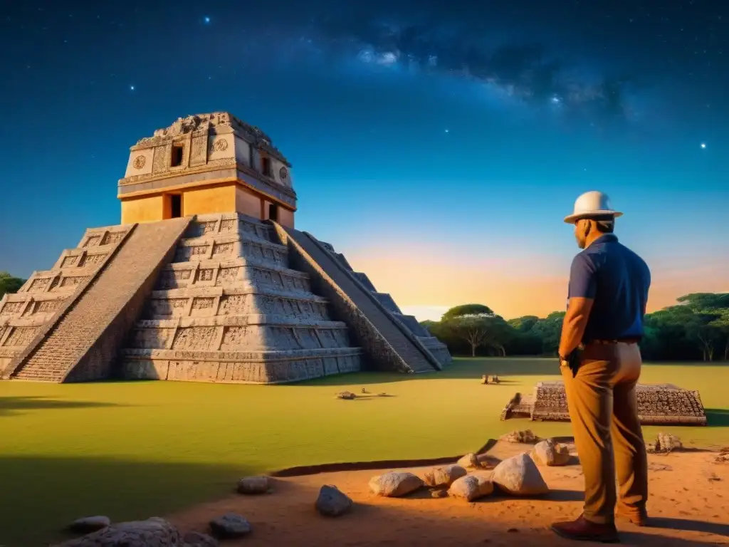 Equipo de arqueólogos y astrónomos reconstruyendo observatorio maya con avanzada tecnología 3D