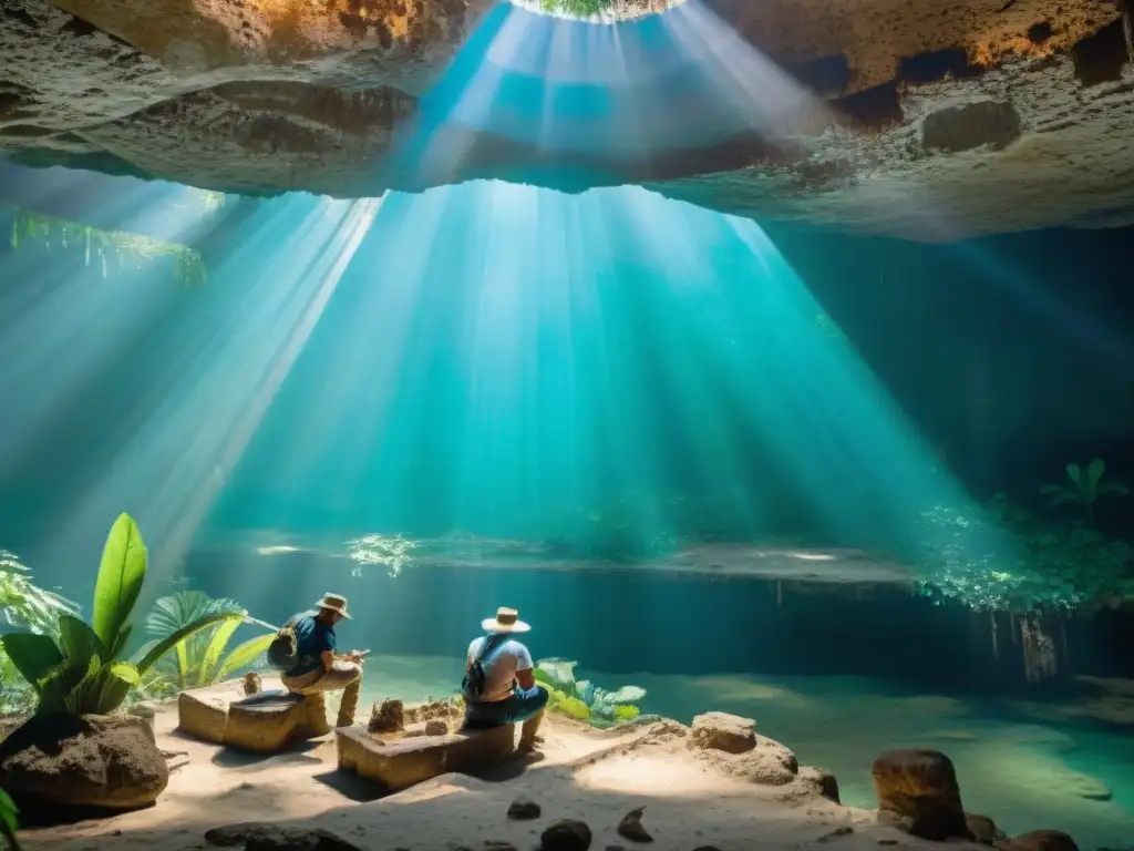 Equipo de arqueólogos excavando cenote en Yucatán, importancia cenotes mitos creación maya