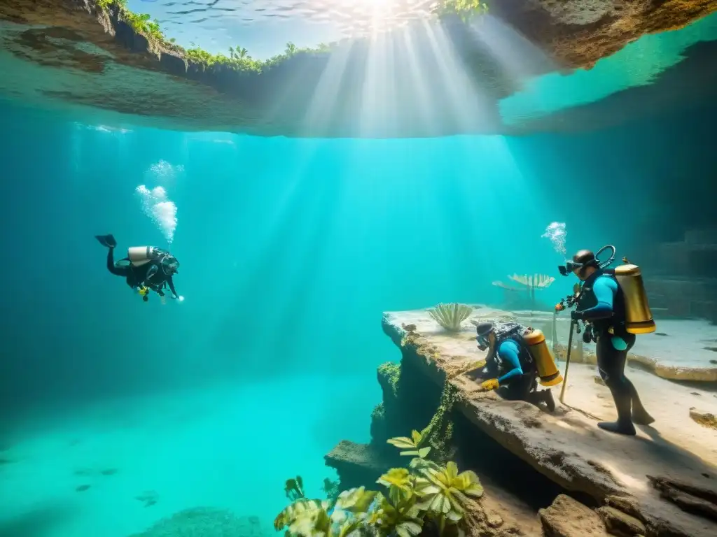 Excavación Maya en Cenote sagrado: historia sumergida Equipo de arqueólogos en cenote maya, explorando sacrificios humanos mayas en un entorno natural único