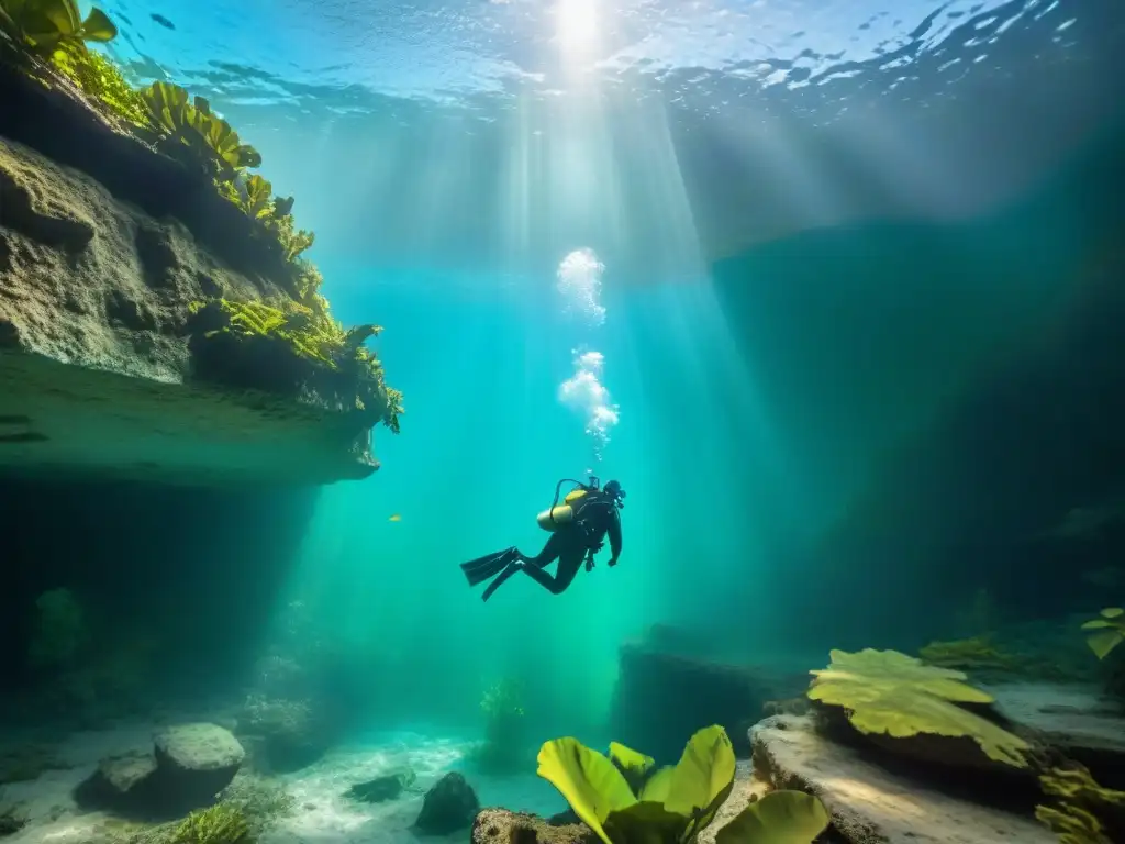 Equipo de arqueólogos explorando cenote maya, recuperando ofrendas sumergidas