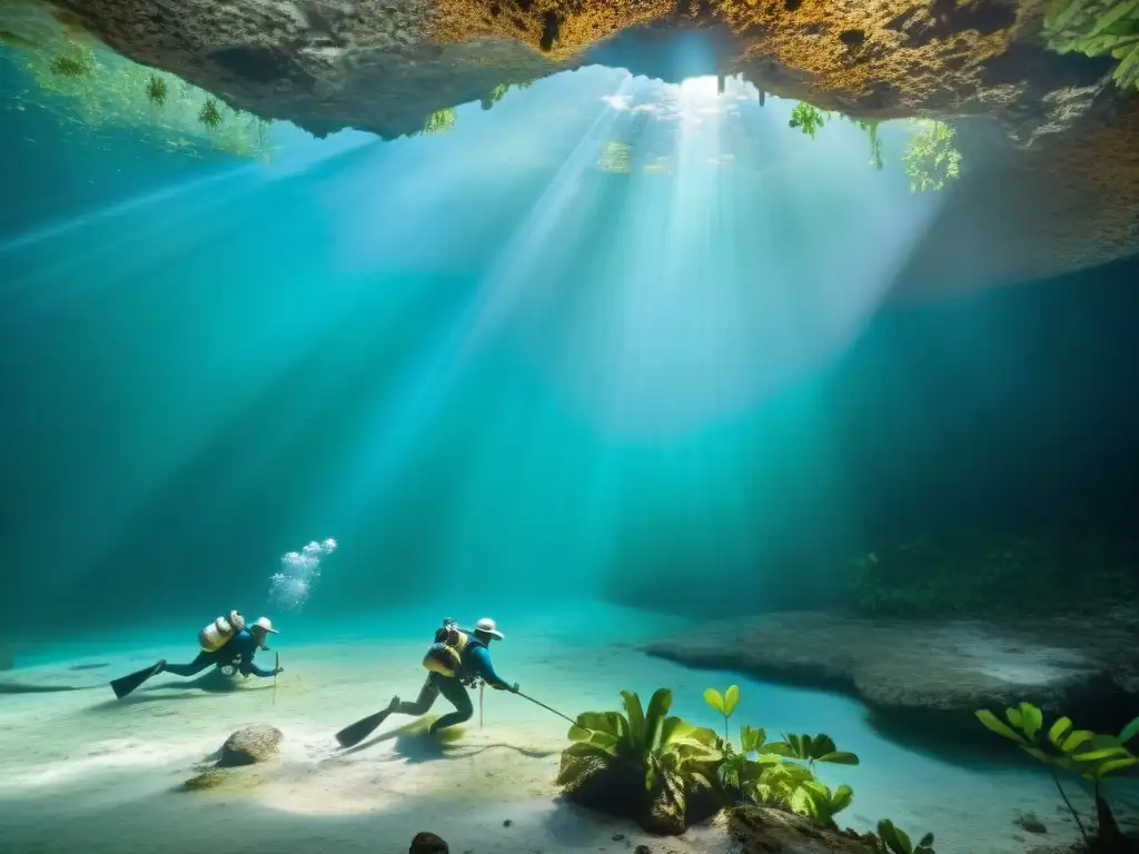 Equipo de arqueólogos excavando en un cenote en la selva de la Península de Yucatán, resaltando la importancia de los Cenotes en la Cosmovisión Maya