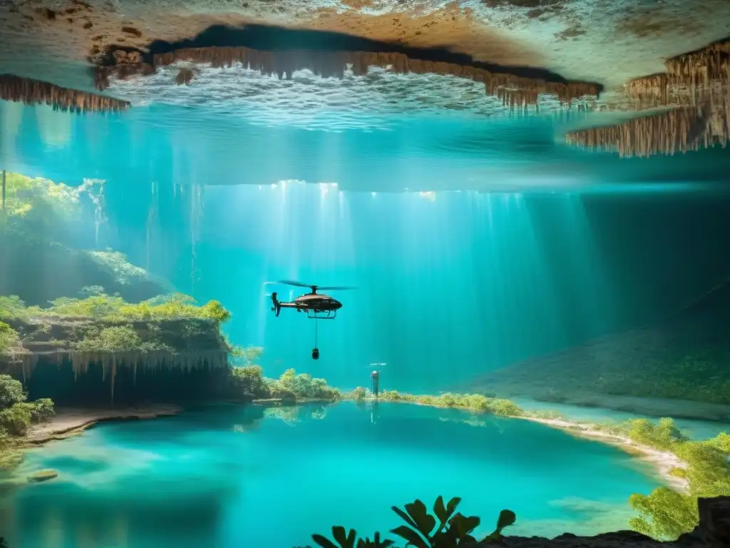 Equipo de ingeniería y arqueólogos mapeando cenotes mayas sagrados con tecnología avanzada