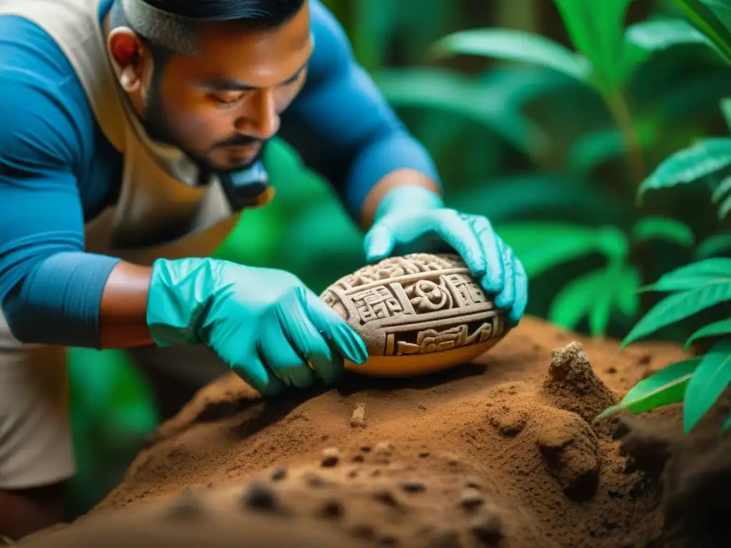 Equipo de arqueólogos excavando cerámica maya en ruinas antiguas de la selva