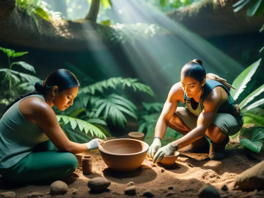 Equipo de arqueólogos excavando cerámica maya en la jungla