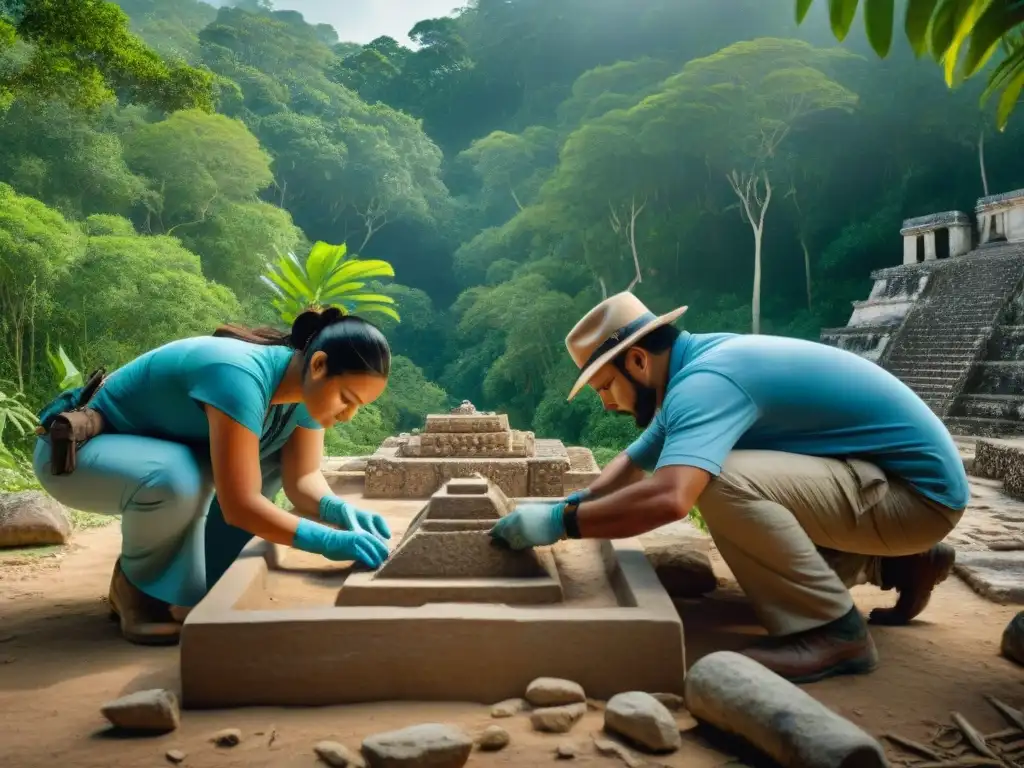 Excavación meticulosa de artefactos mayas en Calakmul Equipo de arqueólogos descubriendo la Ciudad de Calakmul entre la densa selva maya