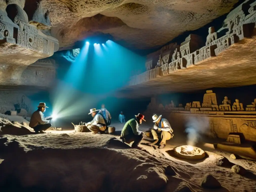 Equipo de arqueólogos explorando cuevas subterráneas mayas, iluminados por antorchas