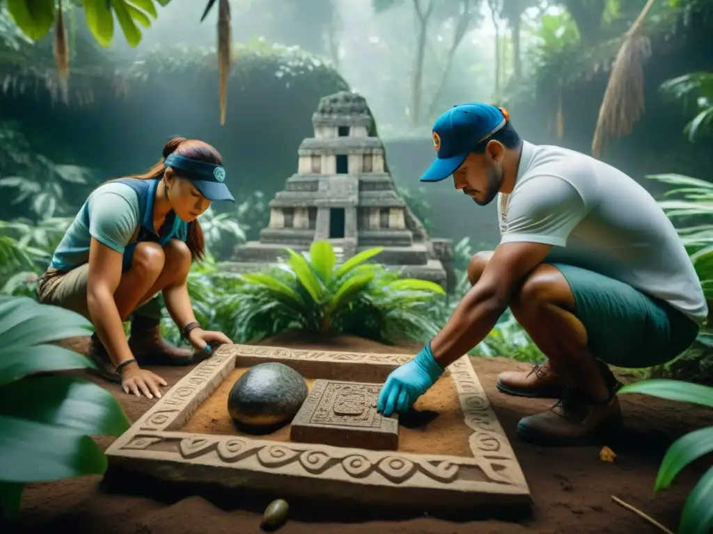 Un equipo de arqueólogos excavando con cuidado un artefacto maya en medio de la selva