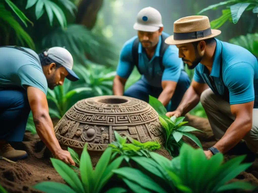 Equipo de arqueólogos excavando con cuidado un artefacto maya, rodeados de exuberante vegetación