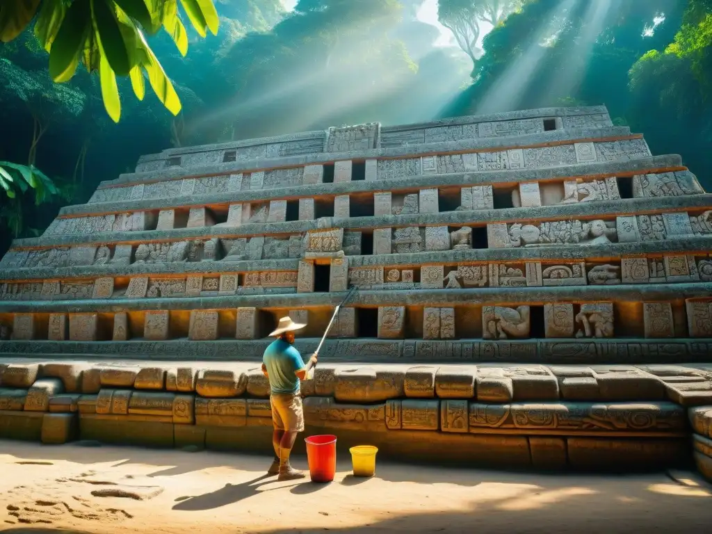 Restauración detallada: expertos devuelven vida a jeroglíficos mayas Equipo de arqueólogos restaurando con cuidado las construcciones de las canchas de pelota mayas