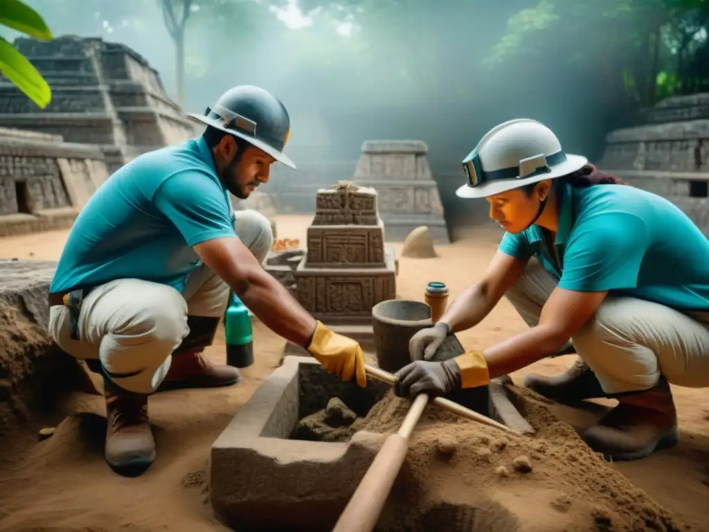 Equipo de arqueólogos excavando con cuidado en sitio maya, en esfuerzos de conservación legal