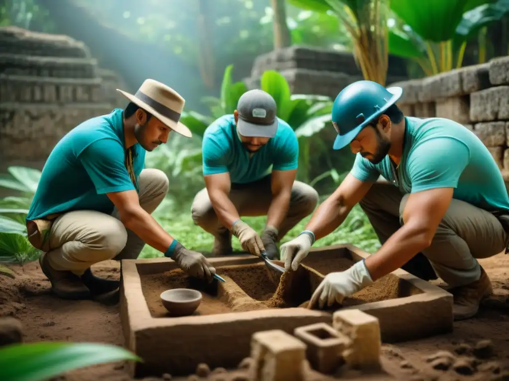 Equipo de arqueólogos excavando delicadas cerámicas mayas en sitio arqueológico