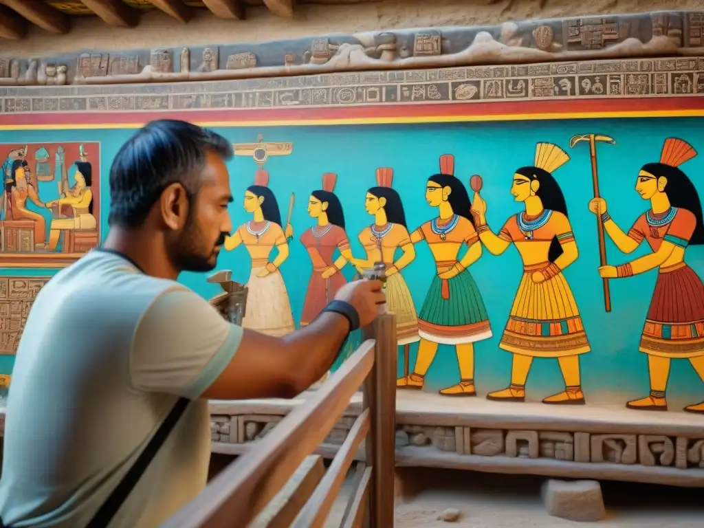 Equipo de arqueólogos descubriendo una detallada pintura mural maya en un templo antiguo