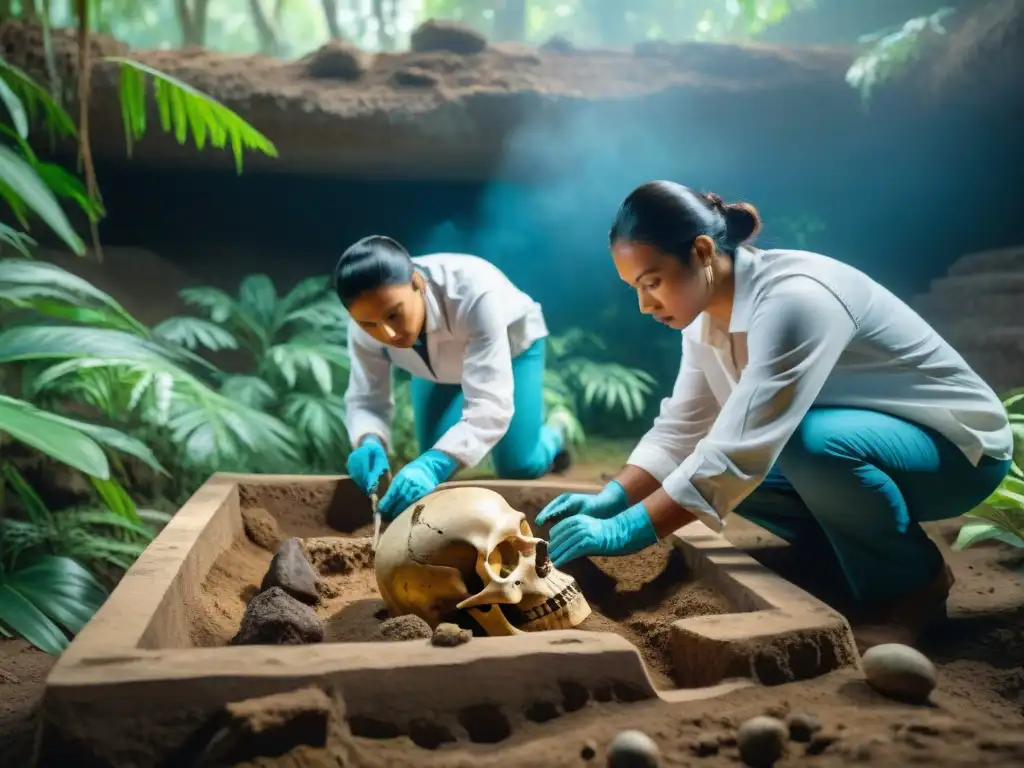 Un equipo de arqueólogos excava con detalle un sitio funerario maya, revelando restos óseos humanos