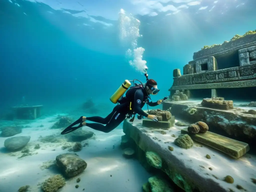 Equipo de arqueólogos usando drones subacuáticos de alta tecnología para explorar ruinas mayas