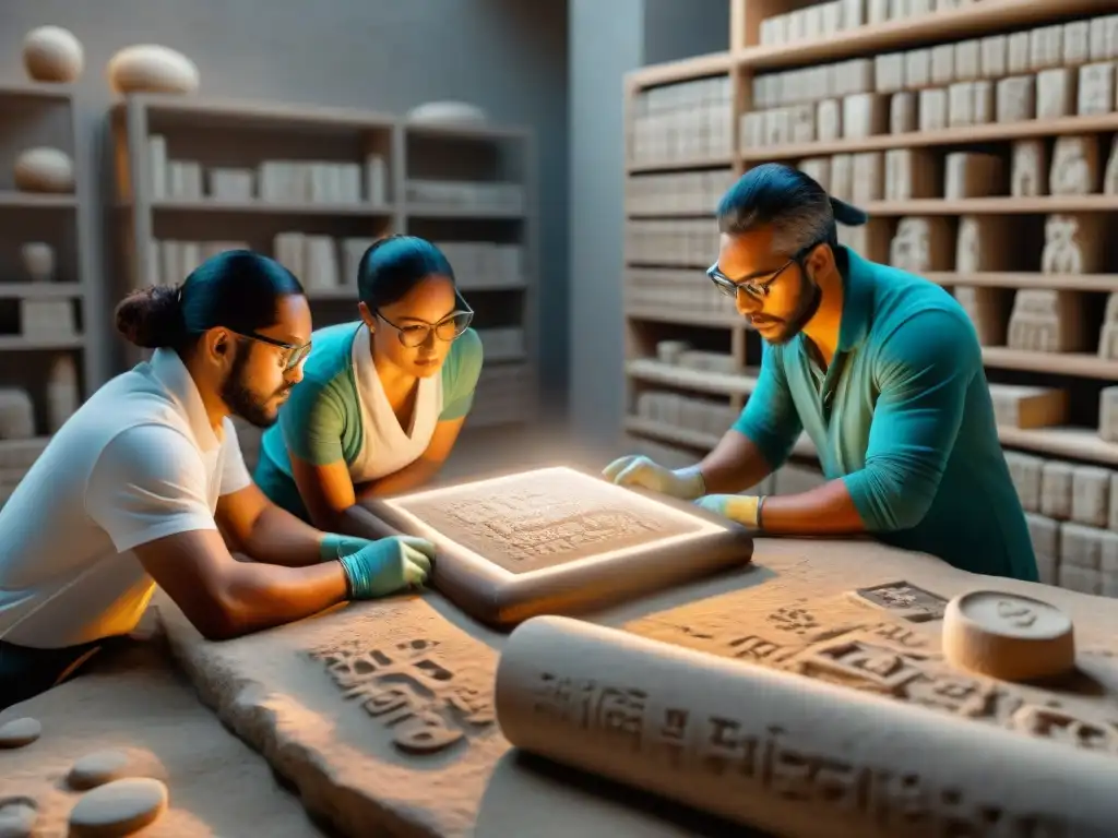 Un equipo de arqueólogos estudia la escritura maya en una escena de descubrimiento histórico