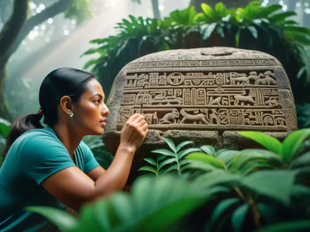 Equipo de arqueólogos analizando escritura maya en monumento rodeado de selva exuberante