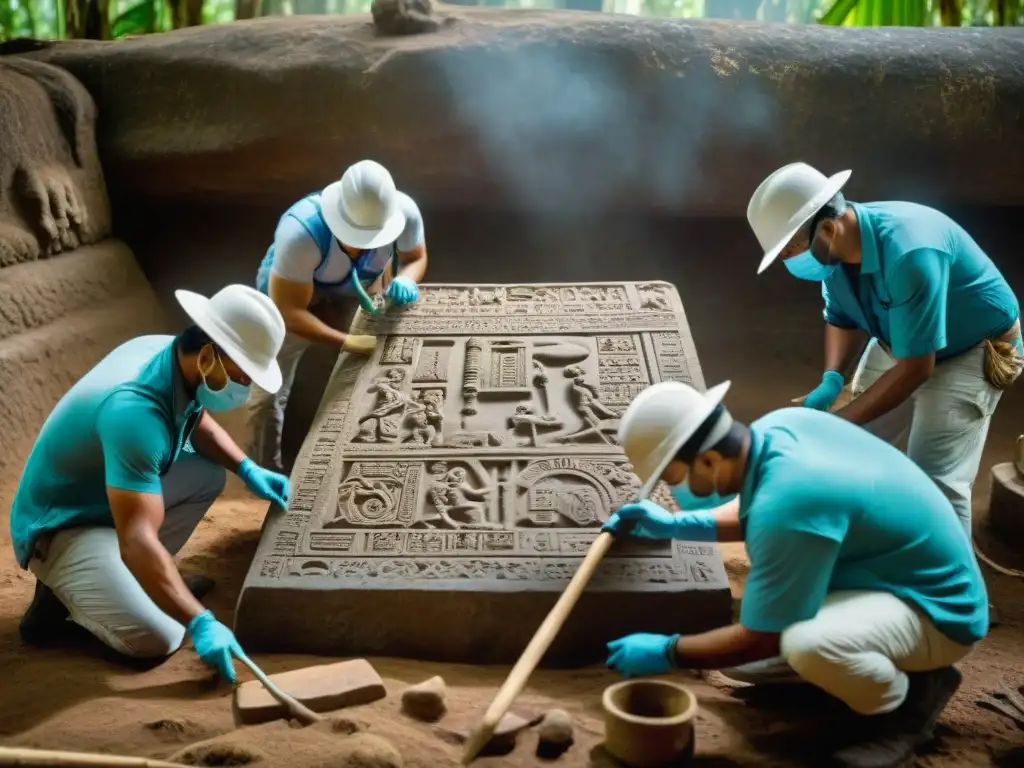 Equipo arqueólogos descubriendo estela maya en la jungla