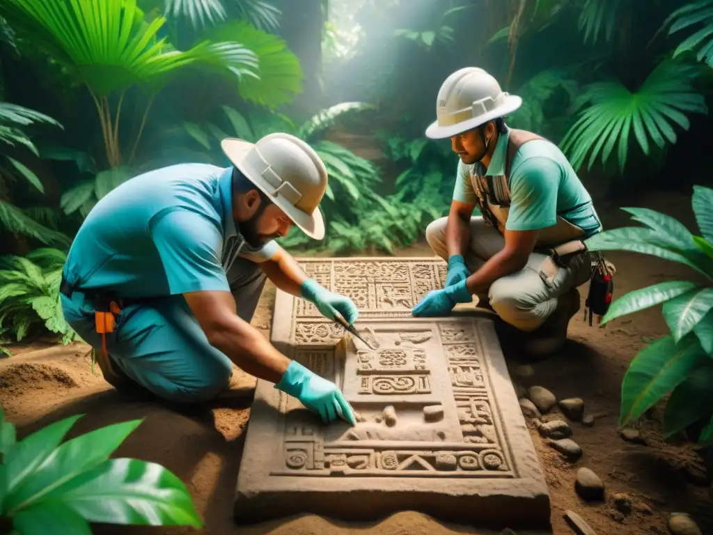 Equipo de arqueólogos descubriendo estela maya en la jungla