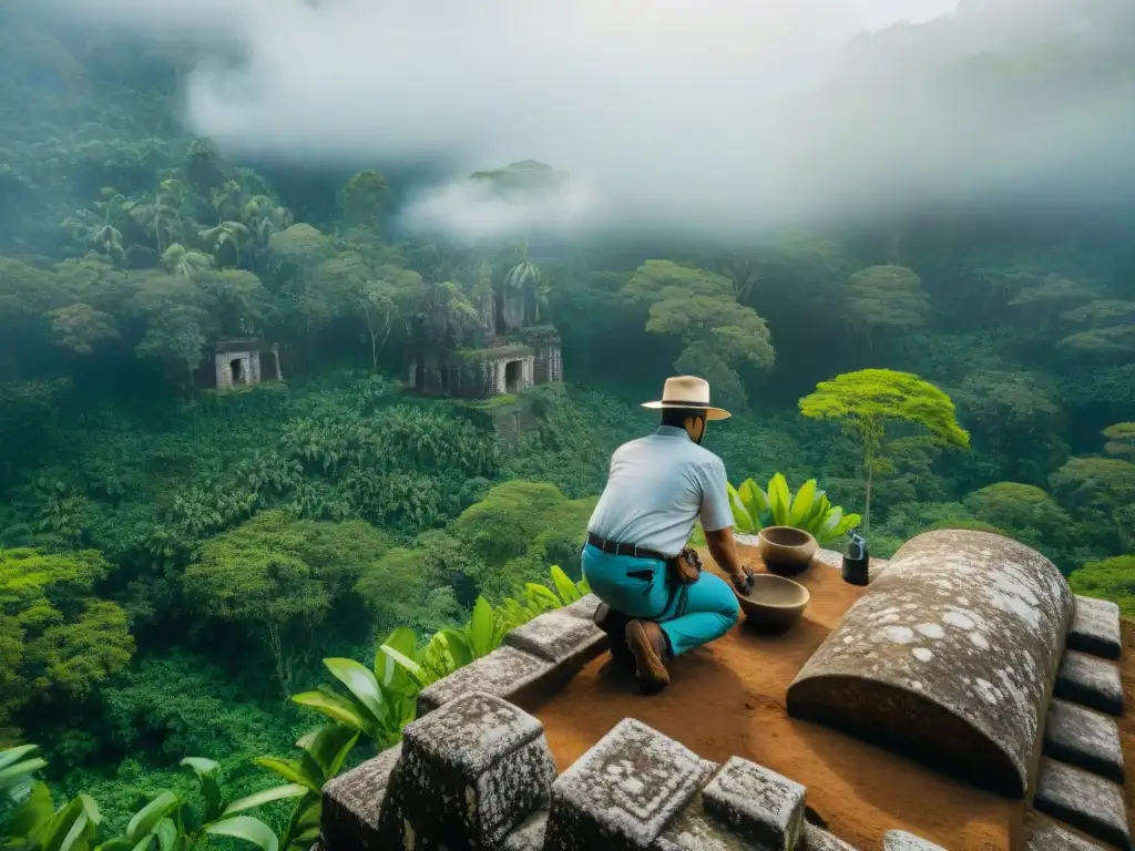 Excavación de ruinas mayas: conservación en la selva Equipo de arqueólogos en excavación meticulosa de ruinas mayas en la selva, conservación Maya a largo plazo