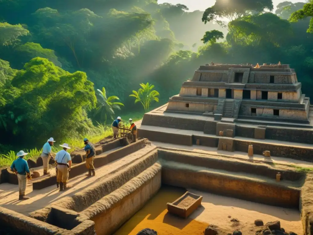 Equipo de arqueólogos excavando una fortaleza maya entre la exuberante selva, con implicaciones históricas, bajo la cálida luz del atardecer