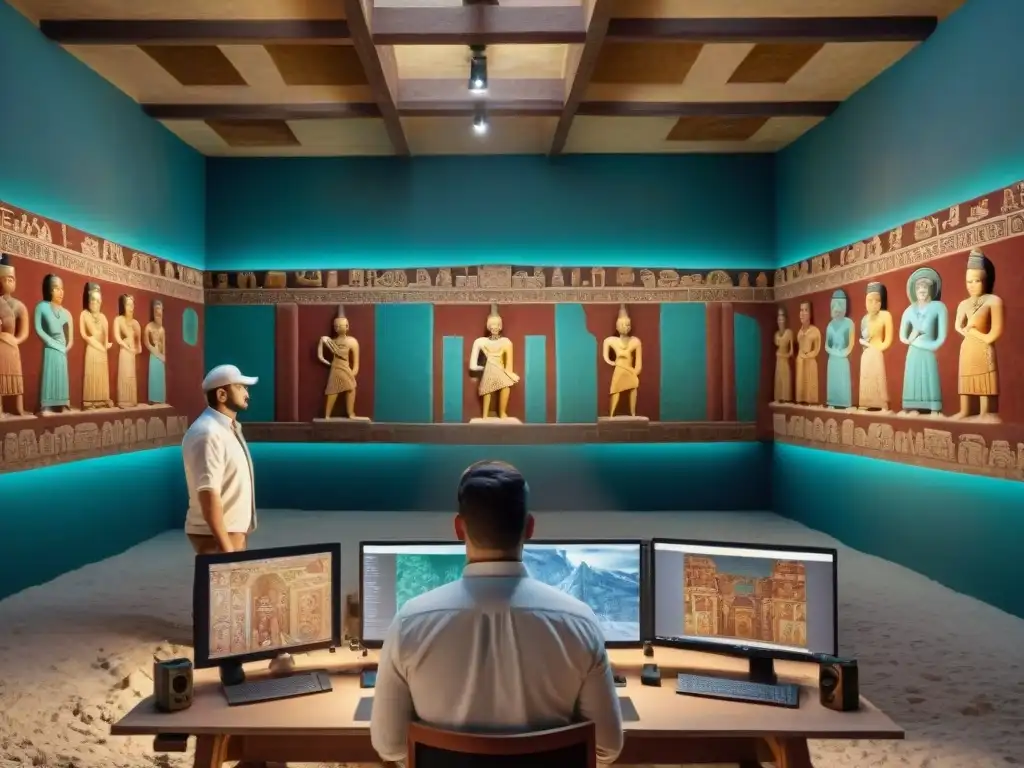 Equipo de arqueólogos reconstruyendo virtualmente frescos mayas en un templo antiguo