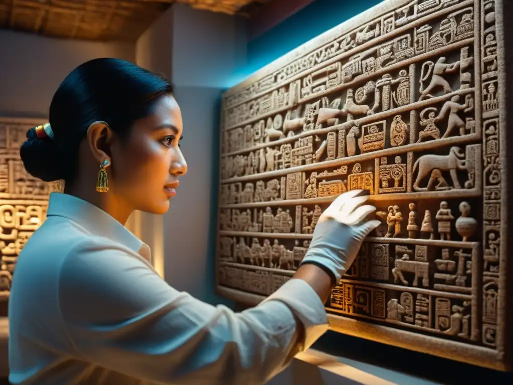 Equipo de arqueólogos interpretando glifos mayas en sala de investigación