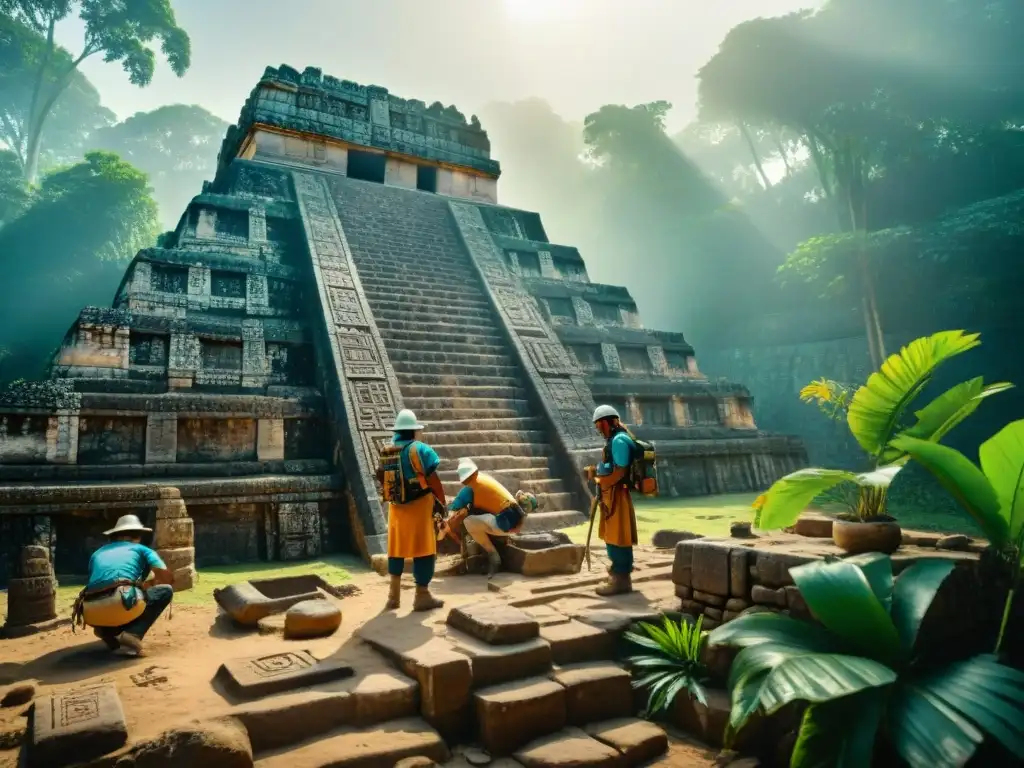 Equipo de arqueólogos preservando herencia cultural maya en templo maya, entre selva exuberante