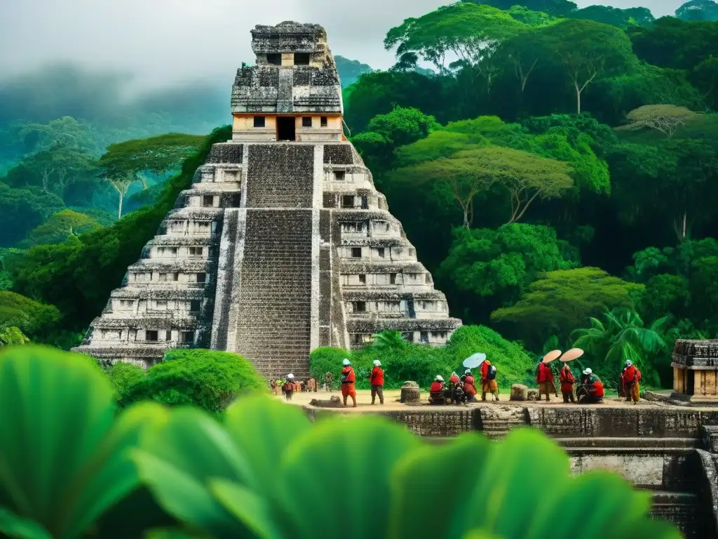 Excavación detallada: conservando el legado maya Equipo de arqueólogos preservando la herencia maya en un templo, rodeados de exuberante vegetación