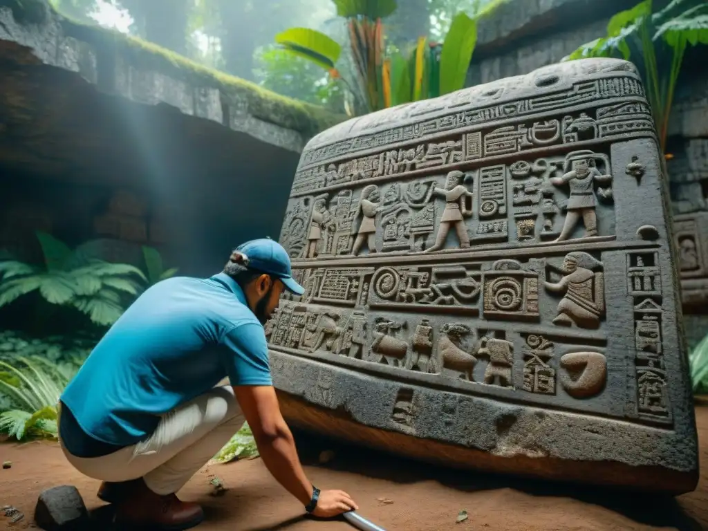 Equipo de arqueólogos estudia detalladamente una inscripción maya en monumento de piedra