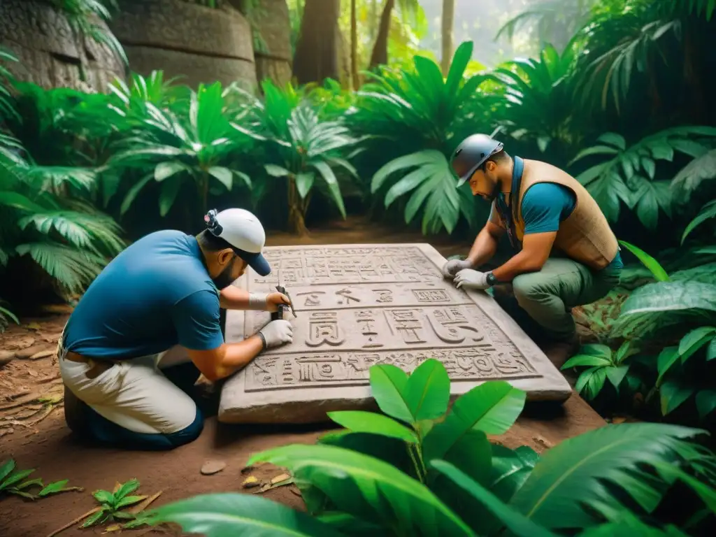 Un equipo de arqueólogos descubre una inscripción maya en una tableta de piedra en la selva, usando herramientas delicadas