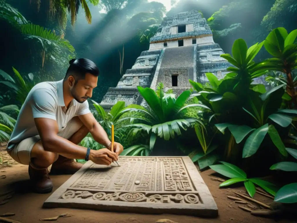 Equipo de arqueólogos explorando inscripciones mayas en la jungla