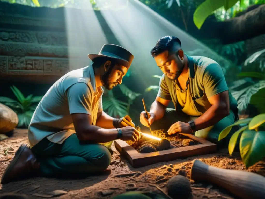 Equipo de arqueólogos excavando instrumentos musicales mayas en la jungla, reconstruyendo la rica historia musical