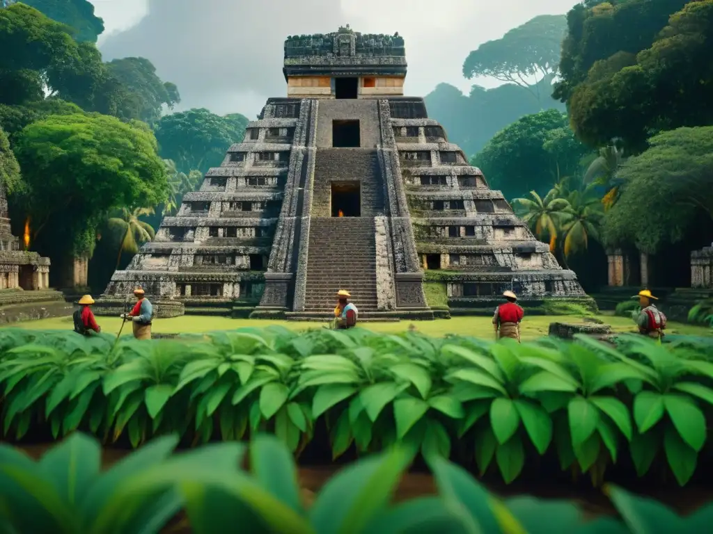 Un equipo de arqueólogos explorando y reconstruyendo un intrincado templo maya con herramientas digitales de vanguardia en la selva