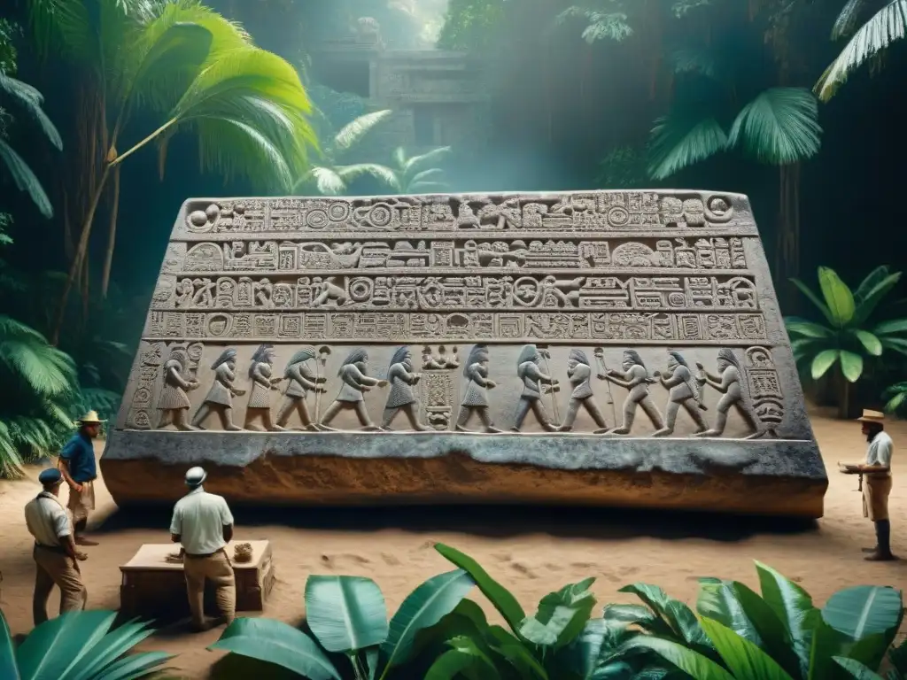 Equipo de arqueólogos decodificando jeroglíficos mayas en una selva exuberante