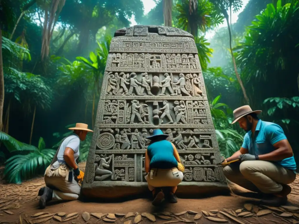 Equipo de arqueólogos descubriendo jeroglíficos mayas en estela bien conservada en la selva