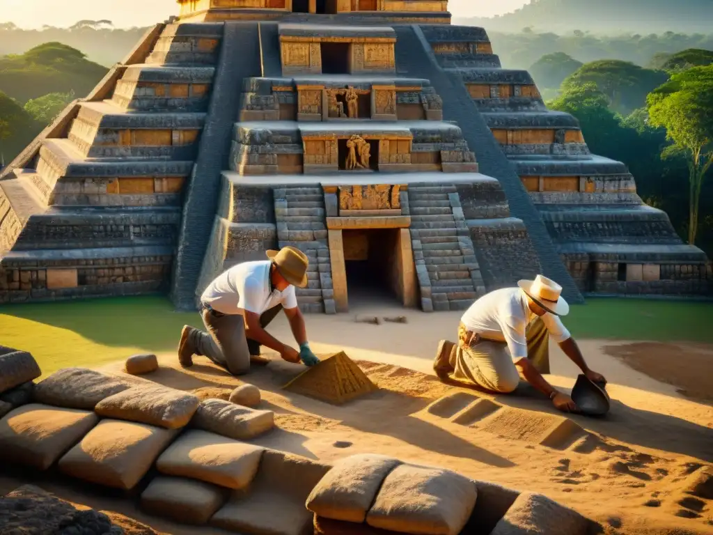 Equipo de arqueólogos descubriendo jeroglíficos en una pirámide maya al atardecer, reflejando la conservación del legado cultural maya