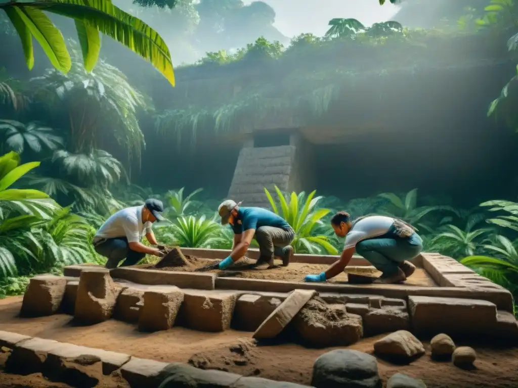 Equipo de arqueólogos excavando réplica maya en la selva, entre ruinas antiguas