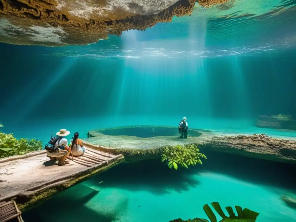 Equipo de arqueólogos modernos excavando en un cenote maya, destacando la importancia de cenotes en comercio maya